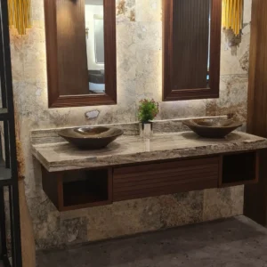 wood mirror porcelain basins
